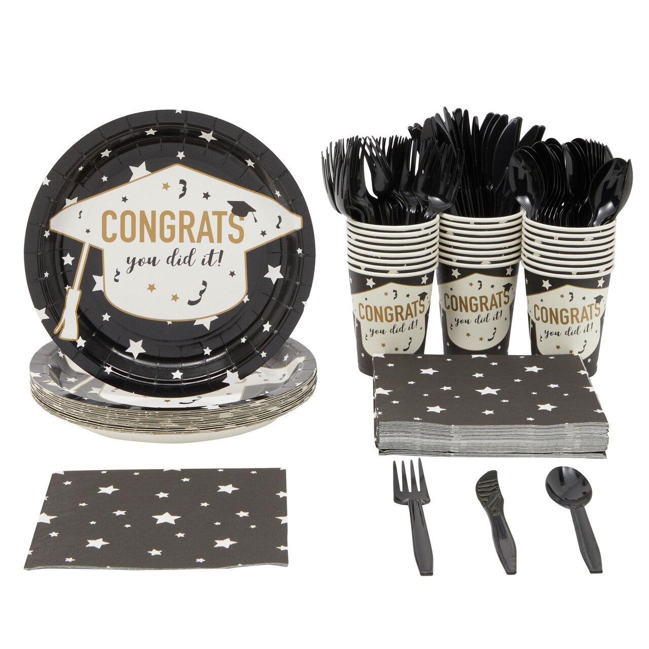 Serves 24 Graduation Party Supplies & Decorations, 2025 Celebrate Congrats Grad Paper Plates and Napkins, Cups & Cutlery